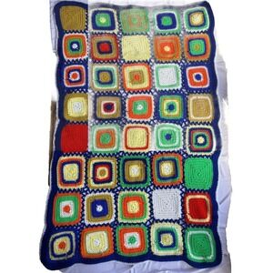 Vtg Squares Crochet Afghan 70's Granny Blanket Multicolor 43" x 66" Rainbow